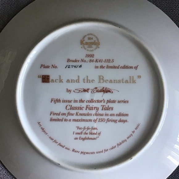 KNOWLES “Jack and the Beanstalk“ Collector’s Plate 22K Gold Rim COA 8.5” diam. - Picture 6 of 6
